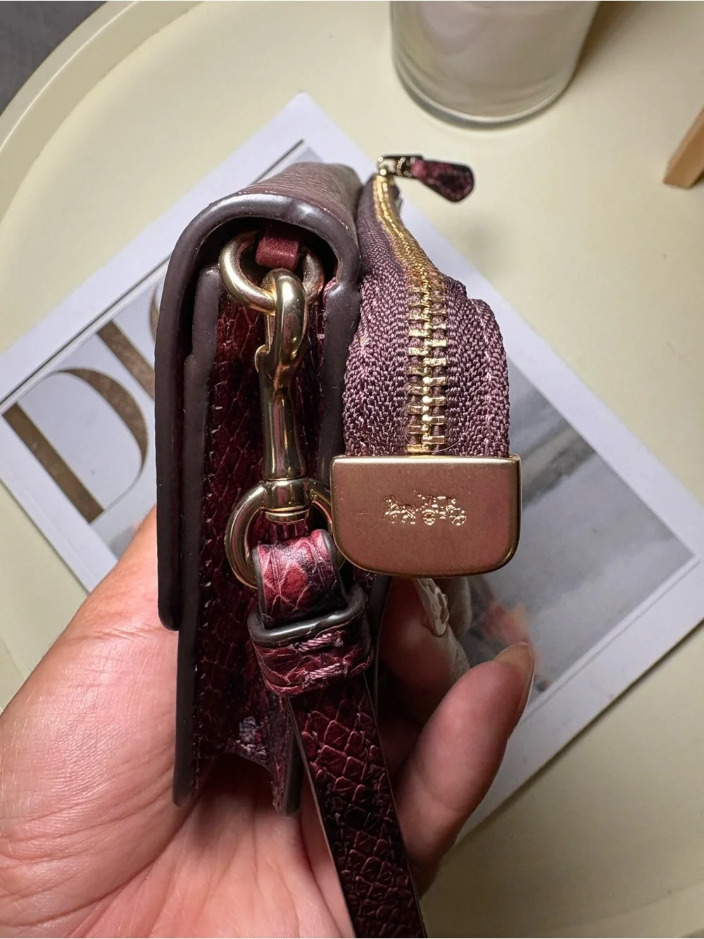 COACH Two-Tone Signature Leather Wristlet in Burgundy and Khaki